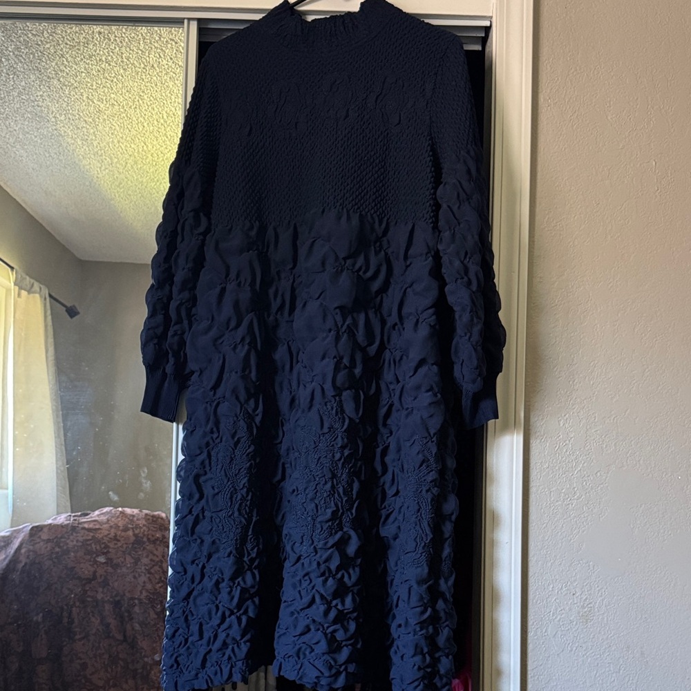 Women's Navy Textured Maxi Dress - Elegant Long Sleeve